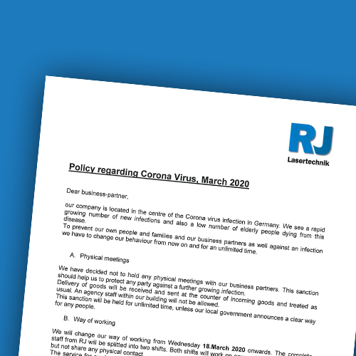 RJ Lasertechnik - Policy regarding Corona Virus